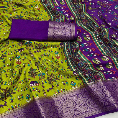 green-warli-printed-dola-silk-saree-with-zari-border