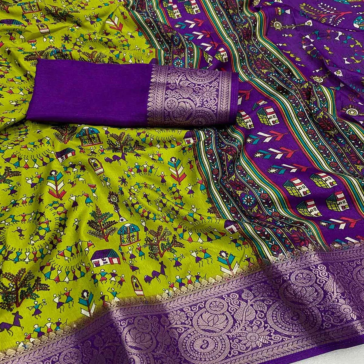 green-warli-printed-dola-silk-saree-with-zari-border