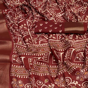 Maroon Printed Dola Silk Saree With Jacquard Border