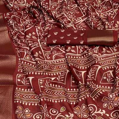 Maroon Printed Dola Silk Saree With Jacquard Border