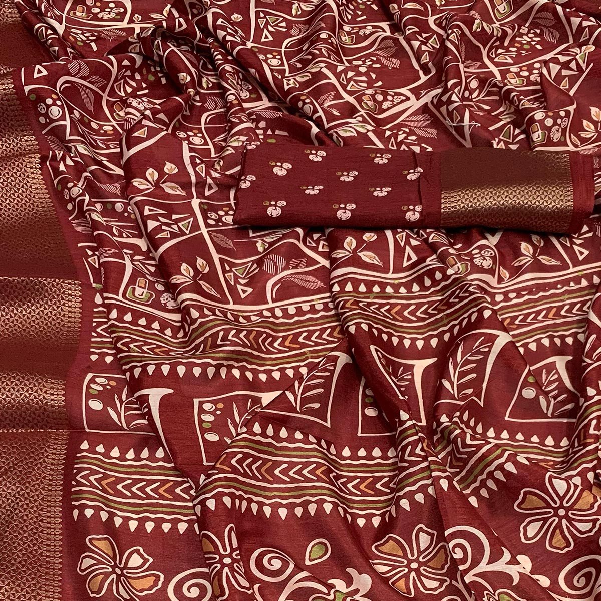 Maroon Printed Dola Silk Saree With Jacquard Border
