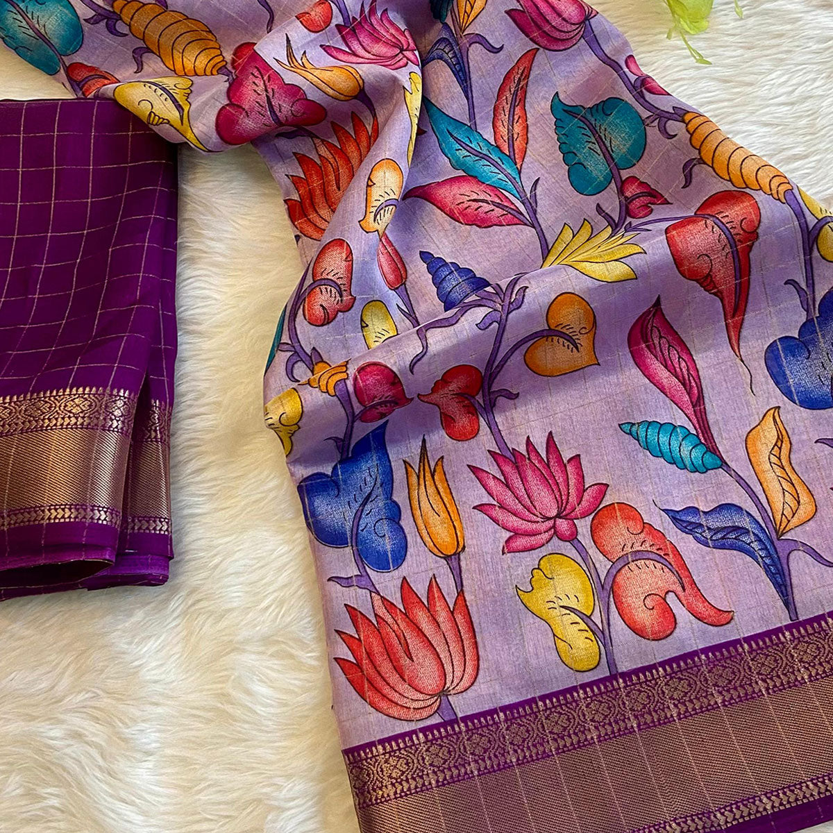 Lavender Floral Printed Dola Silk Saree With Zari Border