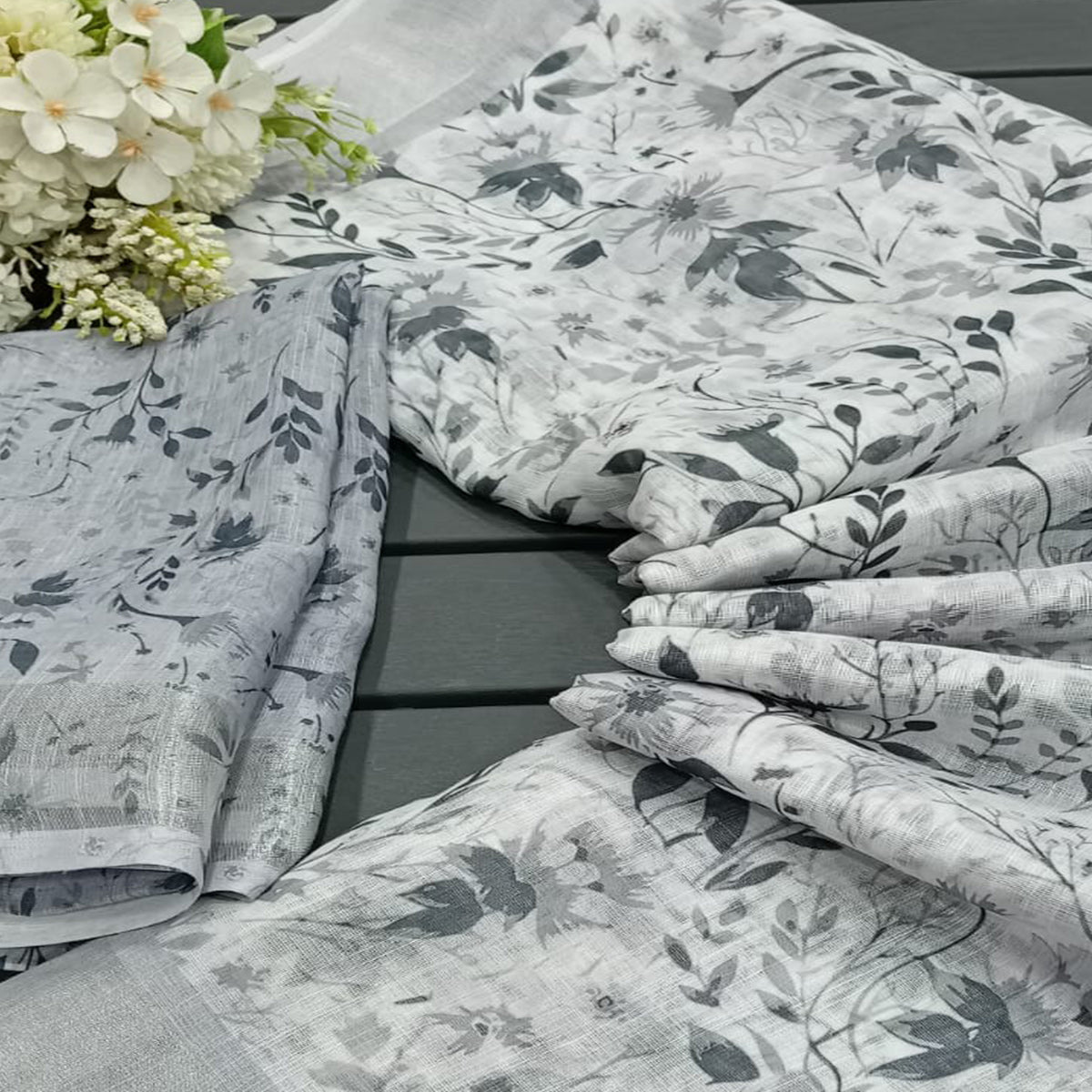 Light Grey Floral Digital Printed Linen Saree