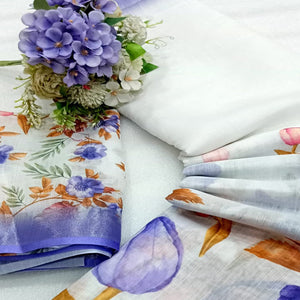 Lavender Floral Printed Linen Saree