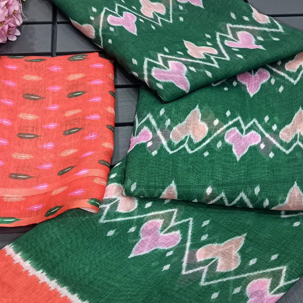 green-ikkat-printed-linen-saree-1