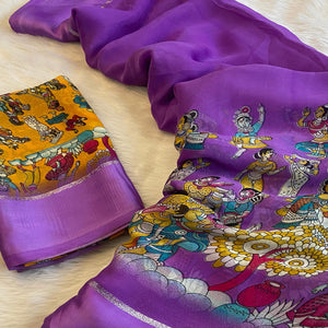 Lavender Printed Georgette Saree With Satin Border