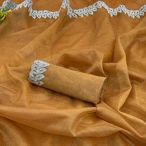 Chikoo Stone Work Embroidered Twill Gold Net Saree