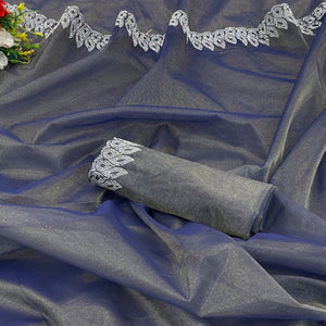 Grey Stone Work Embroidered Twill Gold Net Saree