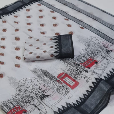 White Printed Linen Saree