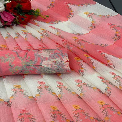 Gajari Pink Floral Digital Printed Chanderi Cotton Saree