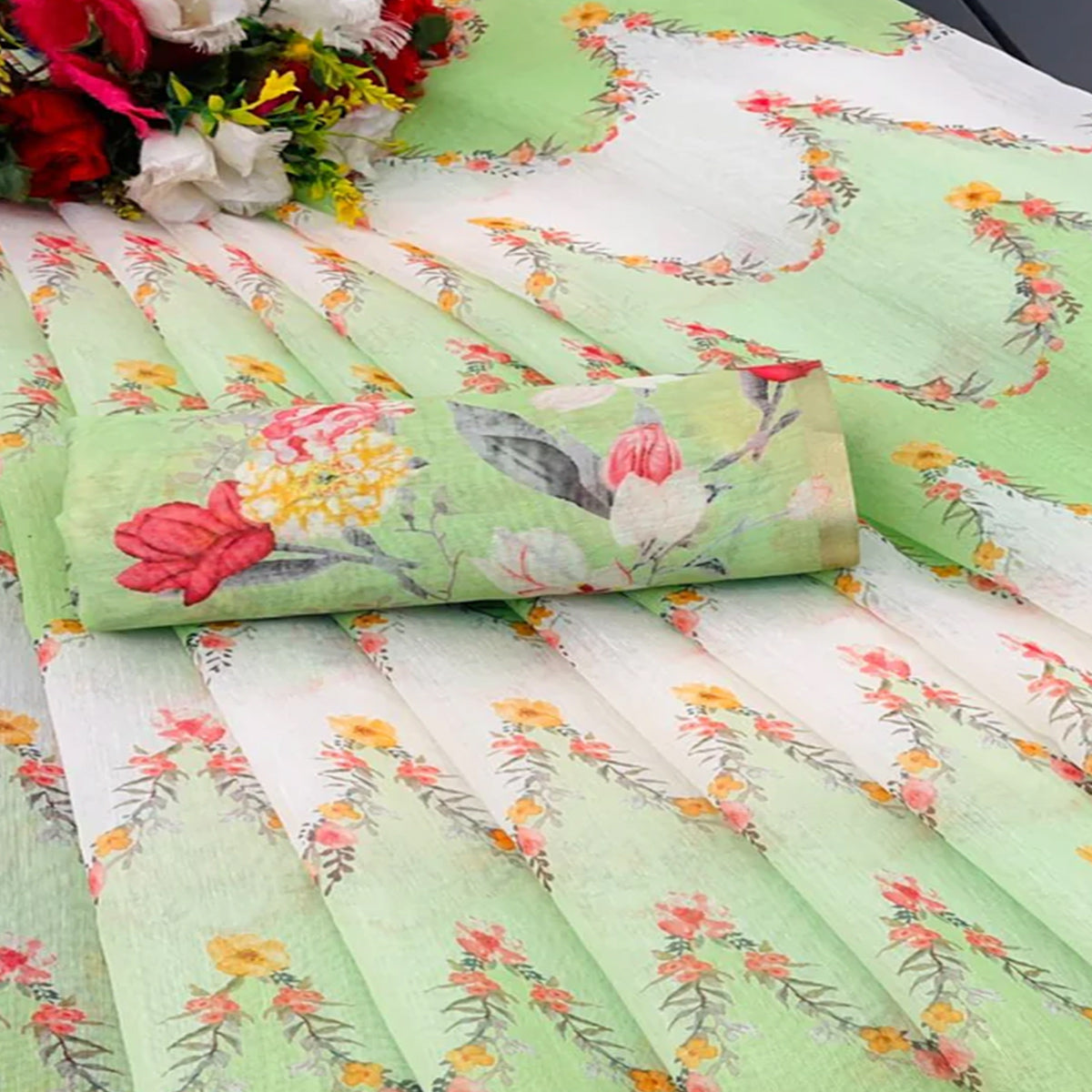 green-floral-digital-printed-chanderi-cotton-saree