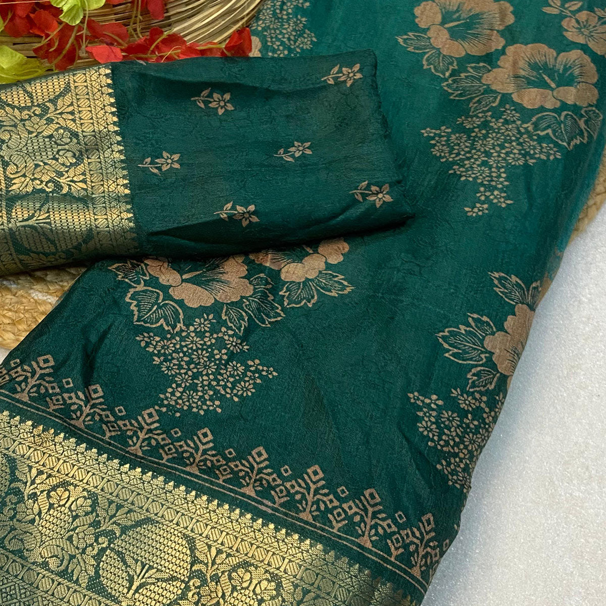 green-floral-printed-moss-art-silk-saree-with-woven-border