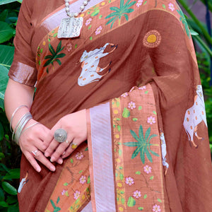 Brown Floral Printed Linen Saree