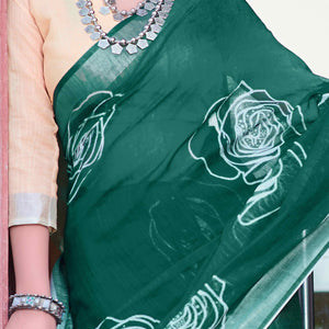Dark Green Floral Printed Linen Saree