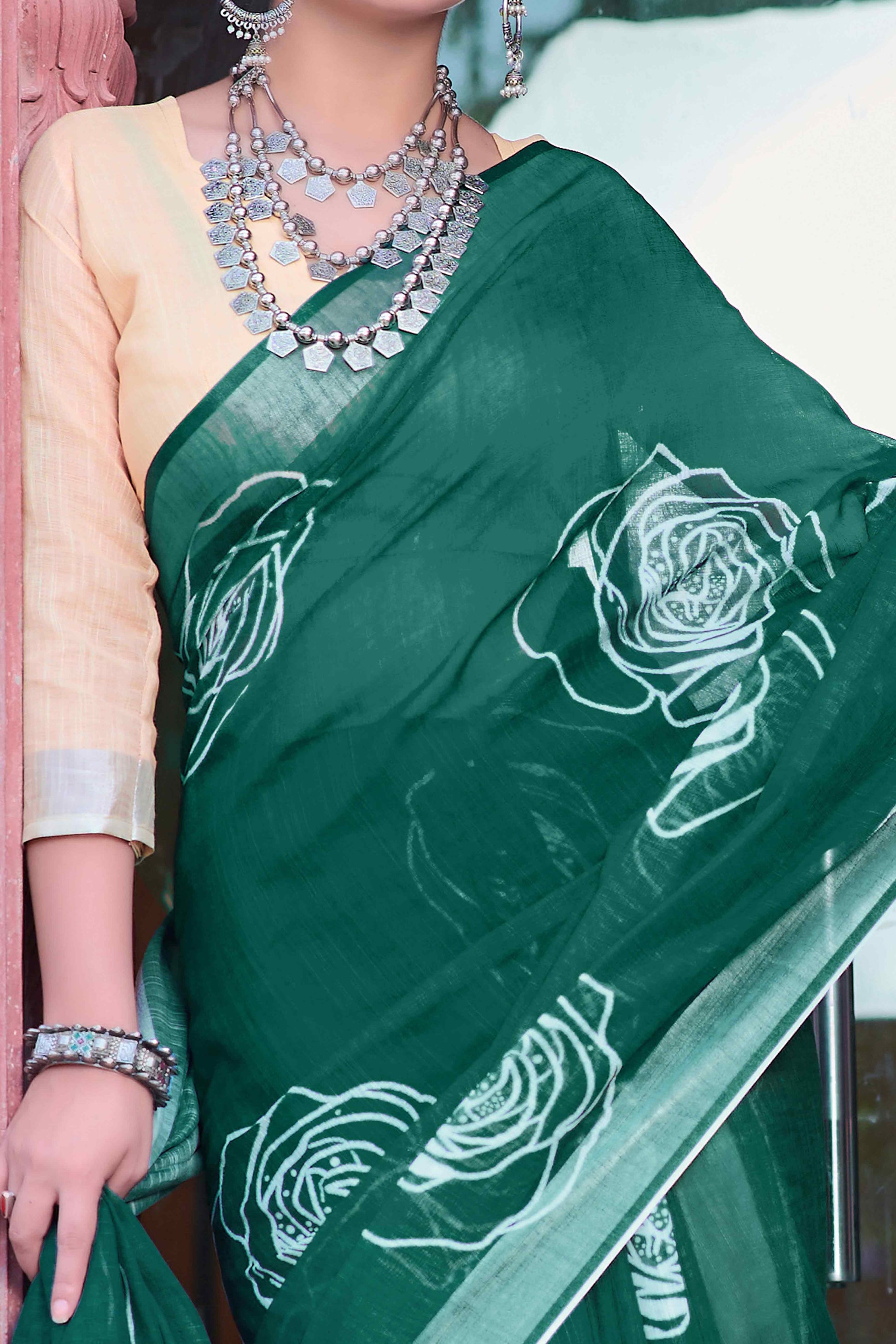 Dark Green Floral Printed Linen Saree