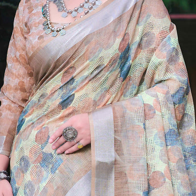 Light Brown Geometric Printed Linen Saree