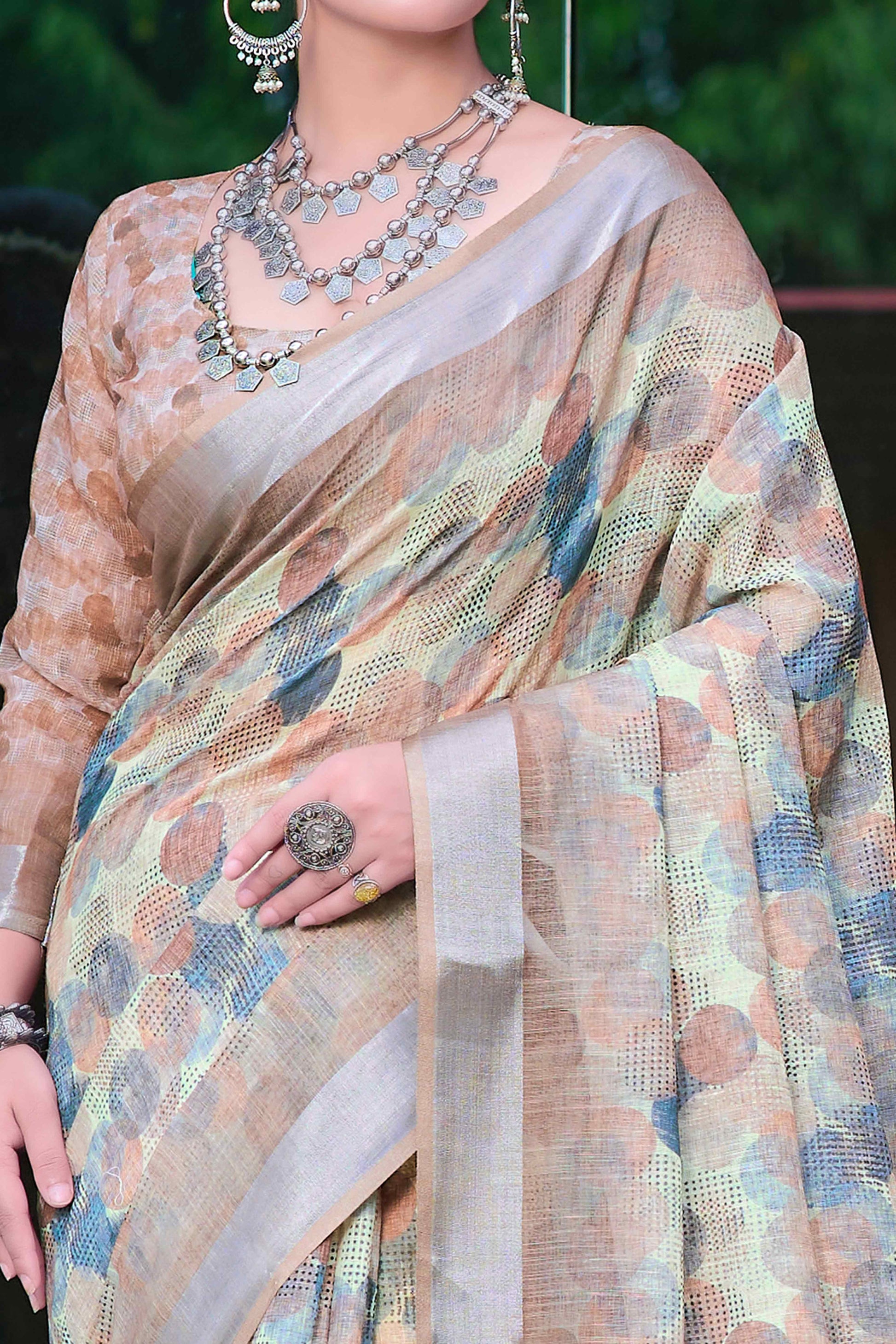 Light Brown Geometric Printed Linen Saree