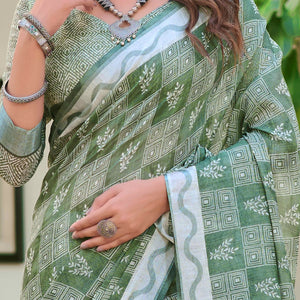 Light Green Floral Printed Linen Saree