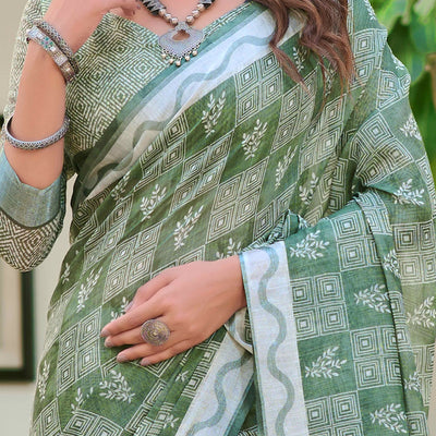 Light Green Floral Printed Linen Saree