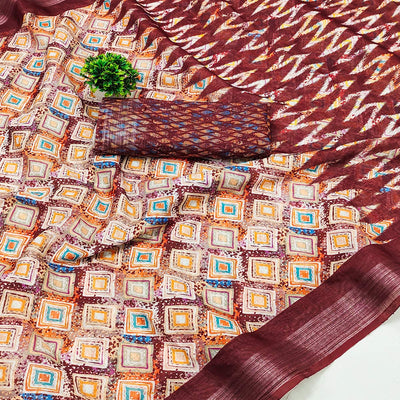 Maroon Printed Linen Saree