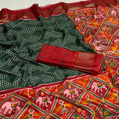 Dark Green & Red Patola Printed Dola Silk Saree