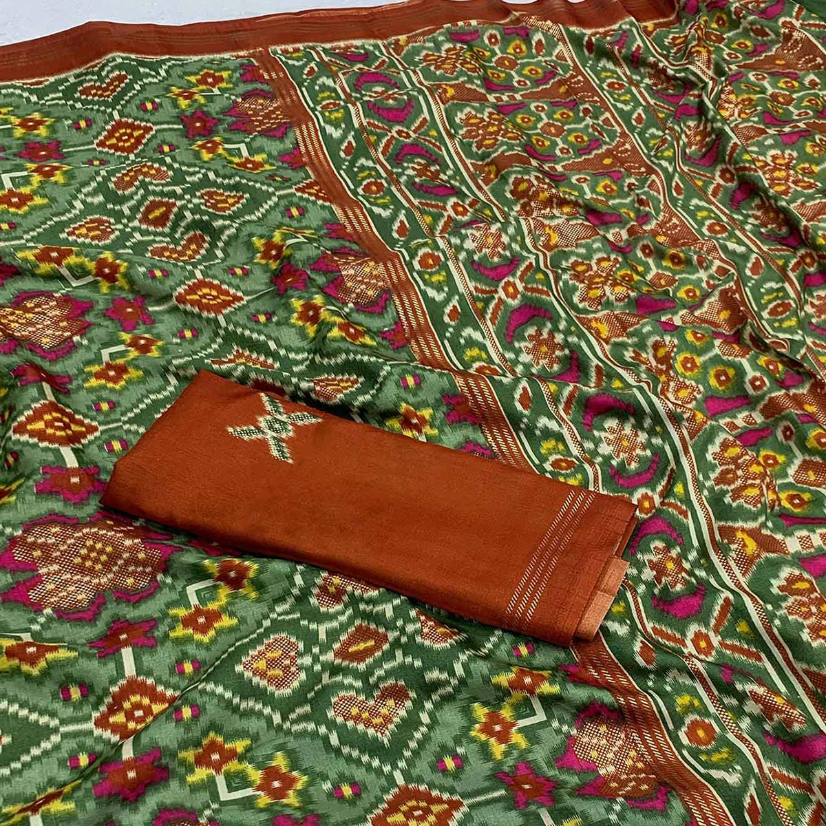 Dusty Green Patola Printed Dola Silk Saree