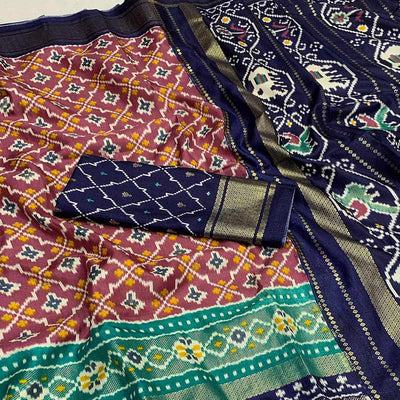 Mauve & Blue Patola Printed Dola Silk Saree