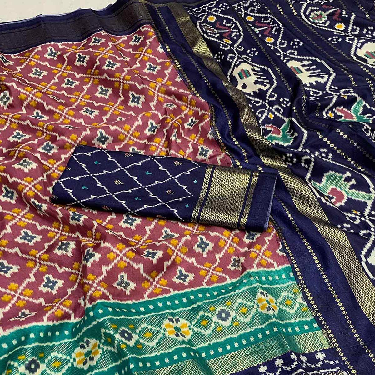 Mauve & Blue Patola Printed Dola Silk Saree