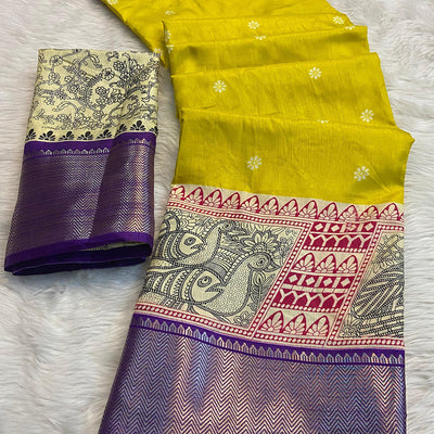 Lemon Yellow & Purple Floral Printed Dola Silk Saree With Woven Border