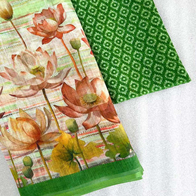 green-floral-printed-linen-saree-2