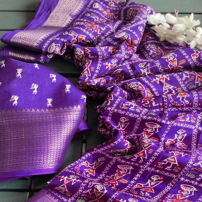 Lavender Printed Dola Silk Saree With Zari Border