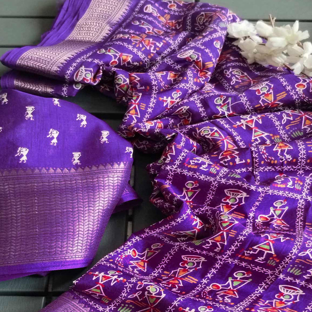 Lavender Printed Dola Silk Saree With Zari Border