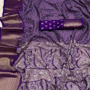 Lavender Printed Dola Silk Saree With Zari Border