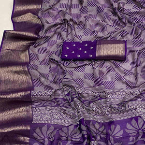 Lavender Printed Dola Silk Saree With Zari Border