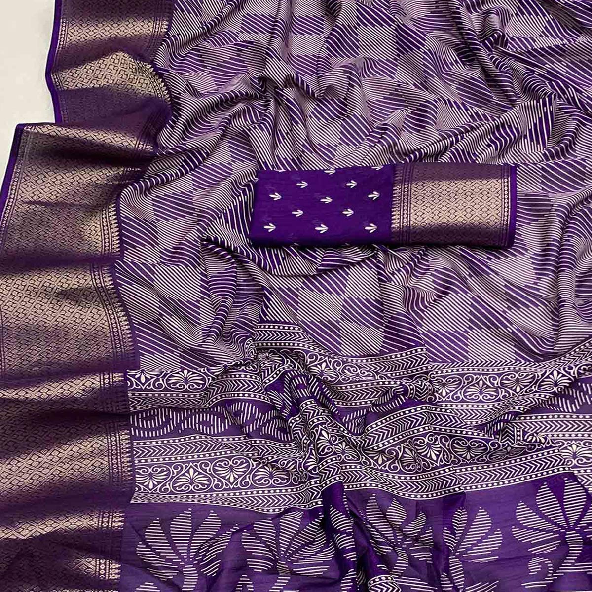 Lavender Printed Dola Silk Saree With Zari Border