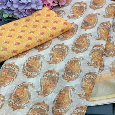 White & Yellow Digital Printed With Zari Work Linen Cotton Saree