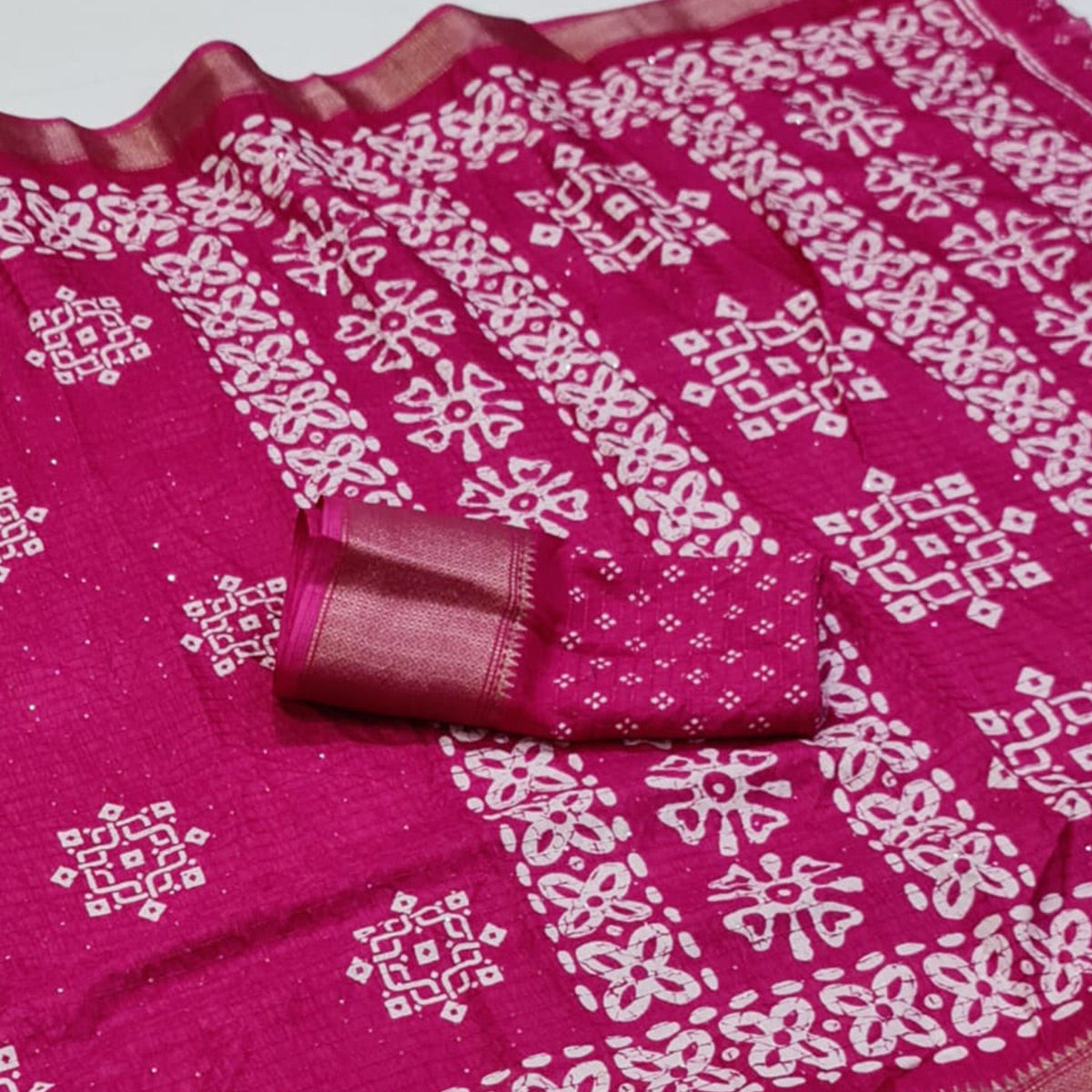 Magenta Printed With Sequins Work Dola Silk Saree