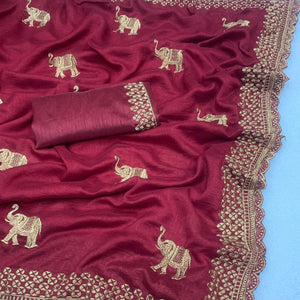 Maroon Embroidered Vichitra Silk Saree