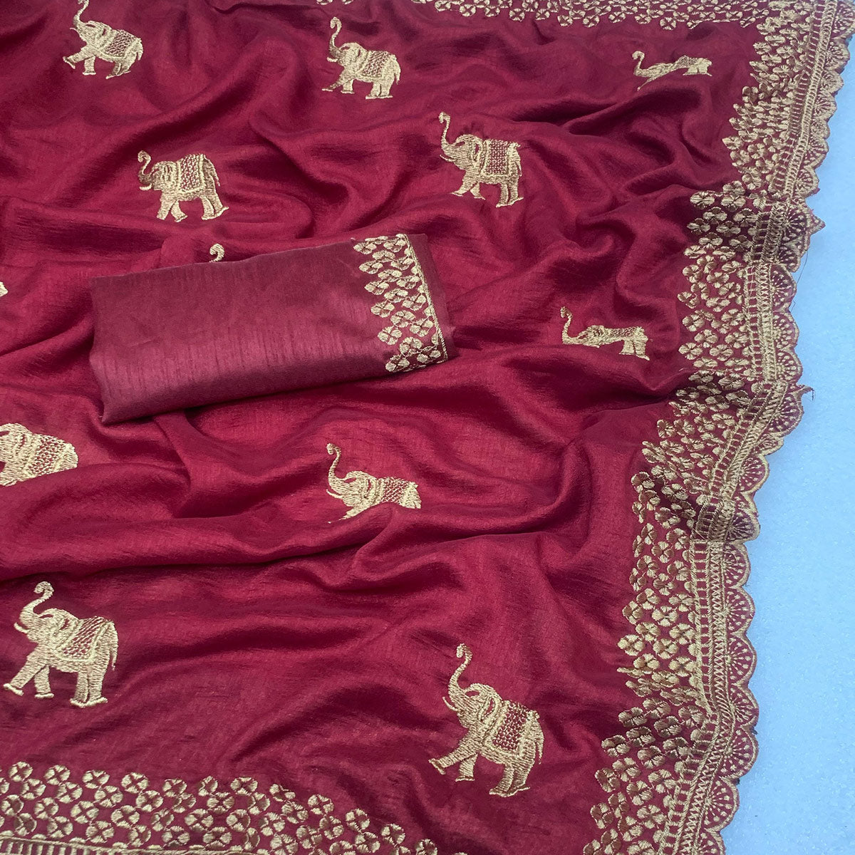 Maroon Embroidered Vichitra Silk Saree