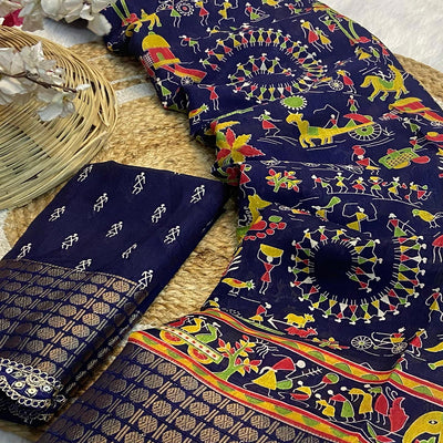 Blue Warli Printed Dola Silk Saree With Sequins Border