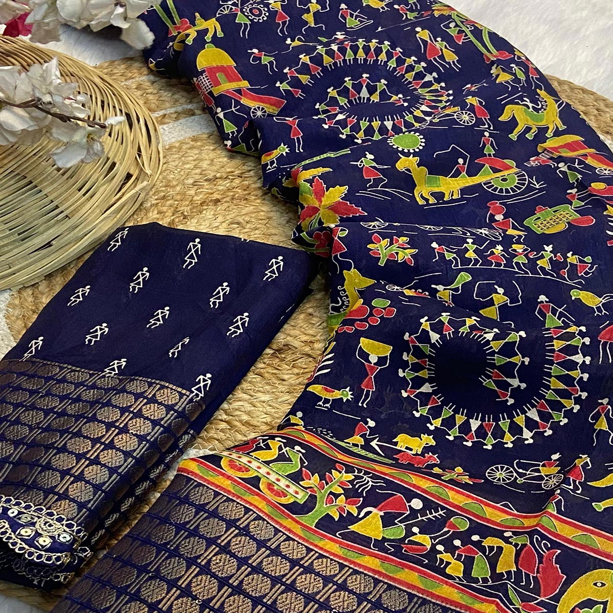 Blue Warli Printed Dola Silk Saree With Sequins Border