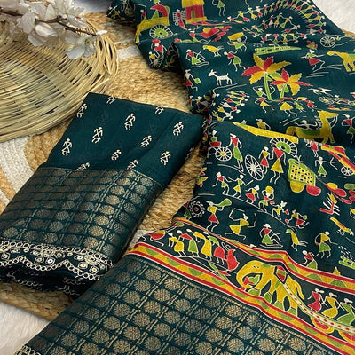 green-warli-printed-dola-silk-saree-with-sequins-border