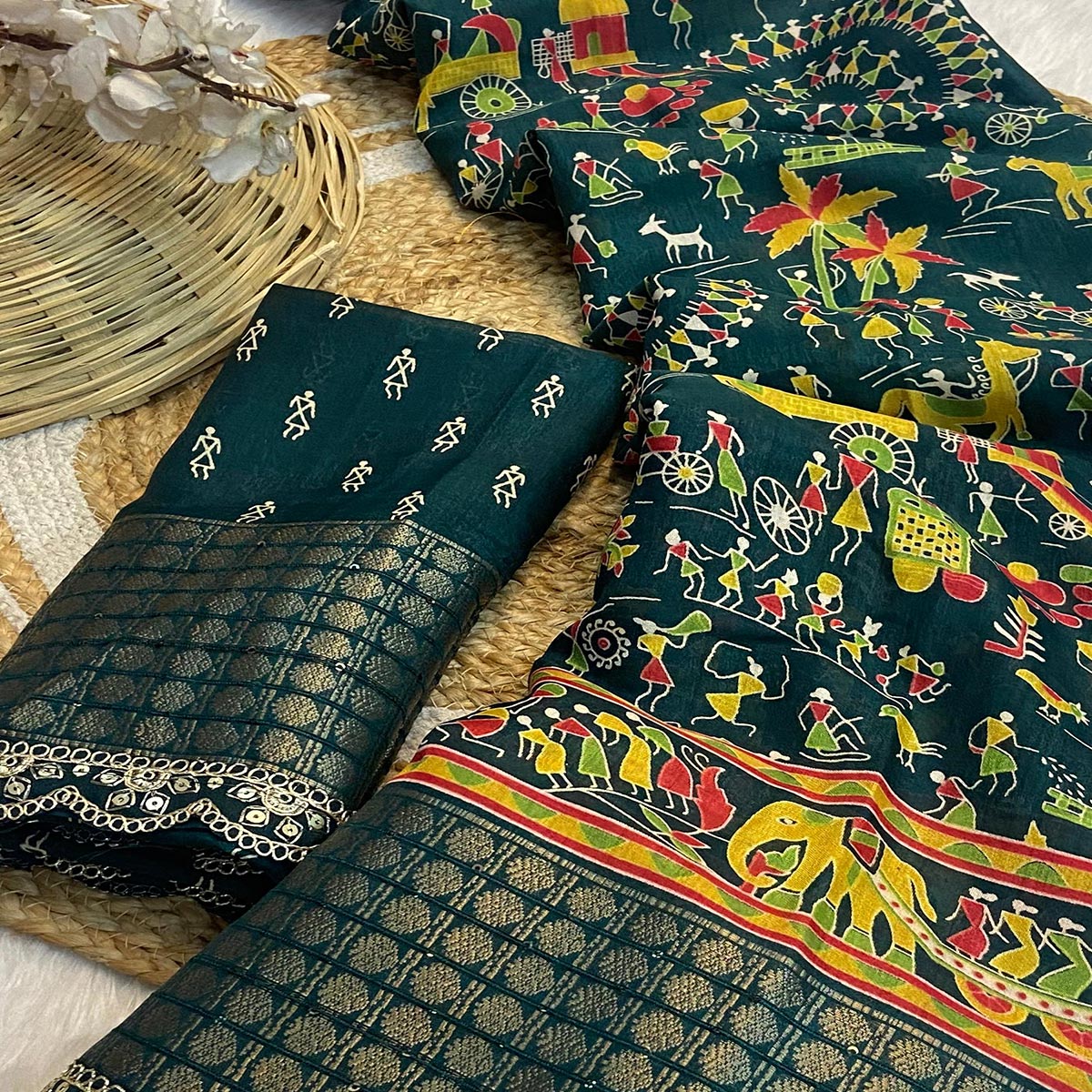 green-warli-printed-dola-silk-saree-with-sequins-border