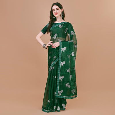 green-floral-foil-printed-chiffon-saree
