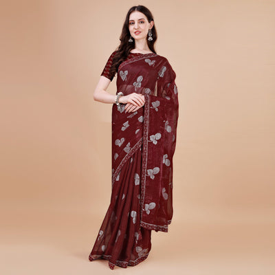 Maroon Floral Foil Printed Chiffon Saree