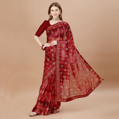 Maroon Foil Printed Lycra Saree With Lace Border