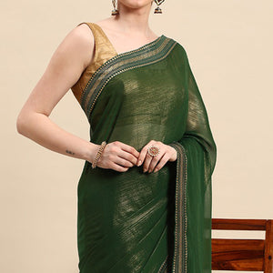 Mehandi Green Solid With Woven Border Chiffon Saree With Tassels