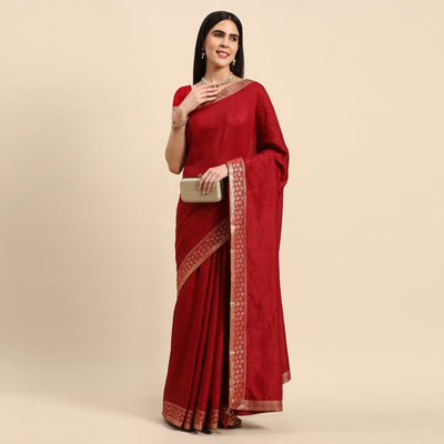 Maroon Solid Vichitra Silk Saree With Zari Border