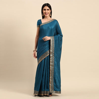 Blue Solid Vichitra Silk Saree With Zari Border