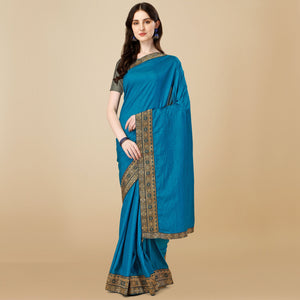 Blue Solid Vichitra Silk Saree